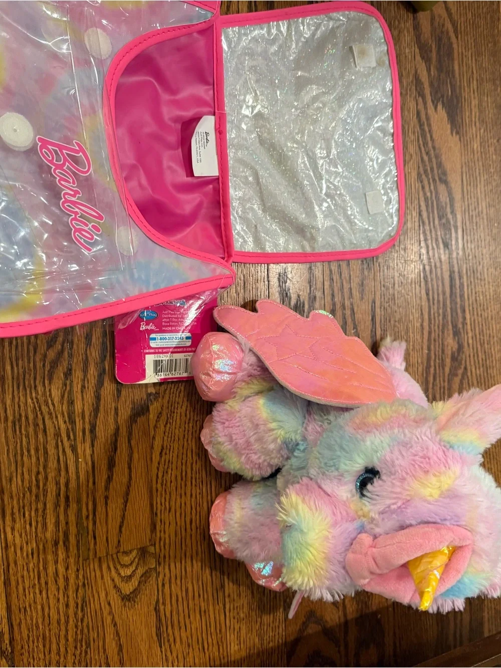 Barbie Bright Pink Glitter Star Bag with Pastel Multicolor Plush Unicorn